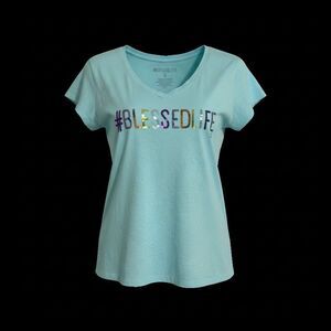 New York & Company “#BLESSED LIFE” V-Neck T-shirt | Medium | Teal